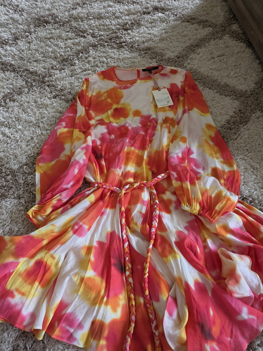 Alex Marie Long Sleeve Tie-Dye Midi Dress in Pink & Orange